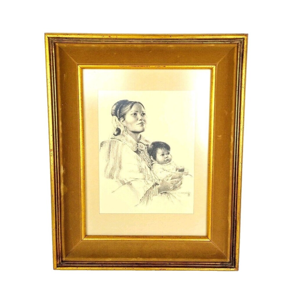 Vintage 70s Vera Louise Drysdale Native American Mother and Child Framed Art